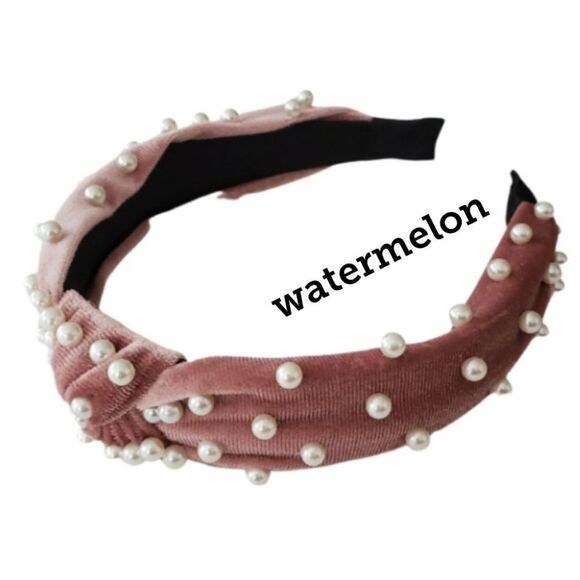 CHOOSE YOUR COLOR Pearl Studded Top Knot Velvet Headband NEW - Picture 9 of 9